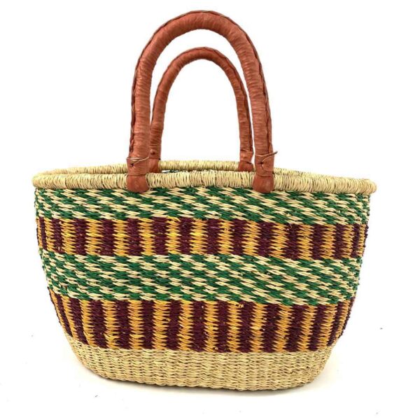 oval-basket-477-loquacious-green-maroon-woven-bolga-bashiri-3 Front view of the oval Bolga basket with a green checkered band over maroon and gold stripes on a white background