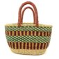 Front view of the oval Bolga basket with a green checkered band over maroon and gold stripes on a white background