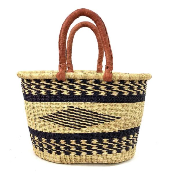 oval-basket-478-martha-black-natural-african-woven-bashiri-3 Front view of the oval Bolga basket with black bands and a central black diamond motif on a white background