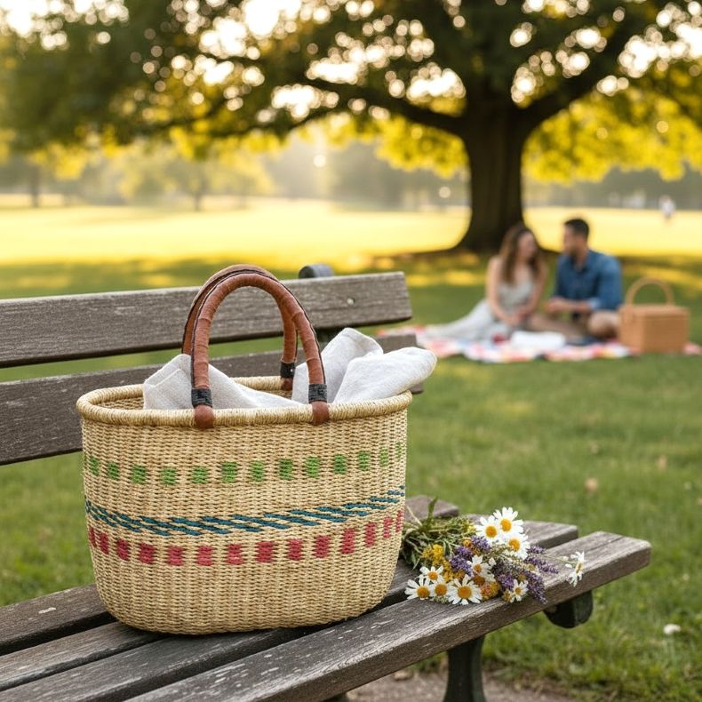 Oval Bolga basket with brown leather handles and coloured weave detail
