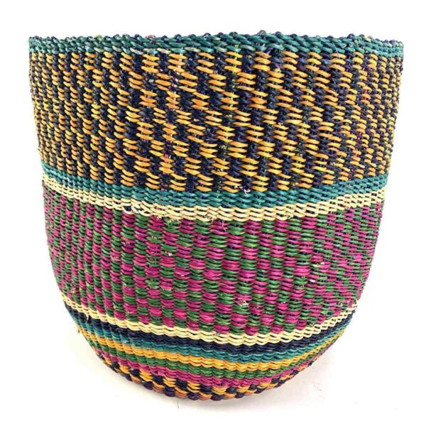 planter-basket-087-castings-jewel-tone-checked-vegan-woven-bolga-bashiri-3 Front view of the jewel-tone checked planter basket, handwoven from elephant grass