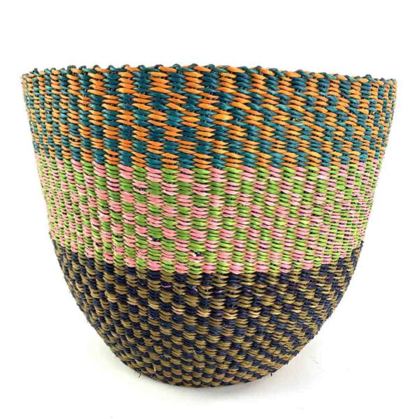 planter-basket-088-mulch-earthy-colour-block-vegan-african-basket-bashiri-3 Front view of the tiered planter basket, handwoven from elephant grass