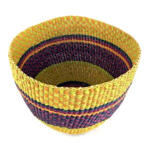 Top view of the bright banded planter basket showing the woven interior