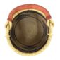 Top view inside the Bolga pot basket with a black and natural zigzag and diamond pattern and a leather-wrapped handle
