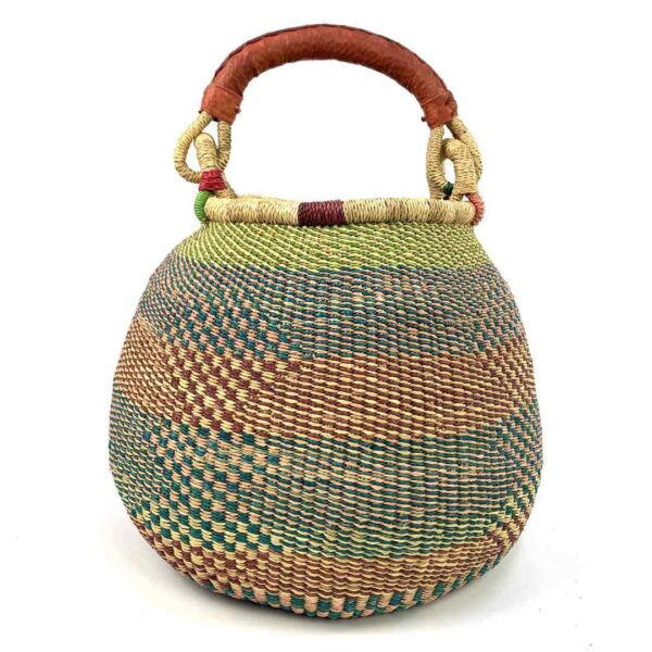pot-basket-308-mystic-pastel-striped-bolga-woven-bashiri-3 Front view of the Bolga pot basket with soft teal, peach and green stripes and a leather-wrapped handle on a white background