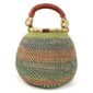 Front view of the Bolga pot basket with soft teal, peach and green stripes and a leather-wrapped handle on a white background