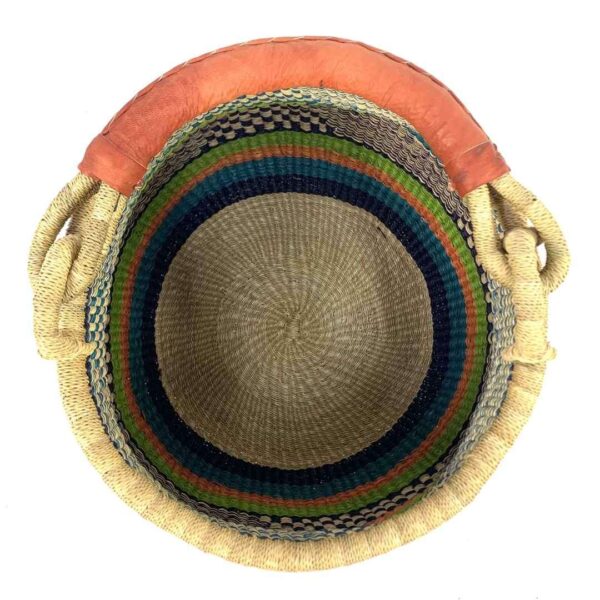 pot-basket-309-celtic-green-teal-bolga-african-bashiri-2 Top view inside the Bolga pot basket with green, orange and teal bands with a black and natural check and a leather-wrapped handle