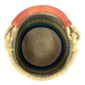 Top view inside the Bolga pot basket with green, orange and teal bands with a black and natural check and a leather-wrapped handle