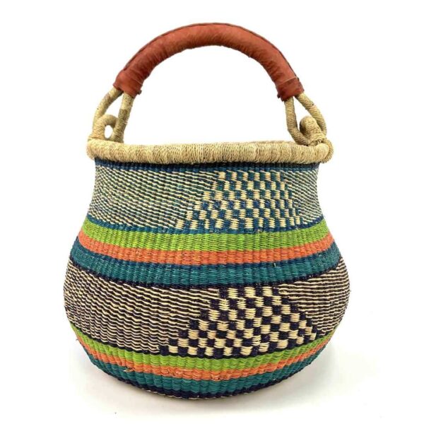 pot-basket-309-celtic-green-teal-bolga-african-bashiri-3 Front view of the Bolga pot basket with green, orange and teal bands with a black and natural check and a leather-wrapped handle on a white background