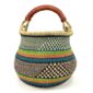 Front view of the Bolga pot basket with green, orange and teal bands with a black and natural check and a leather-wrapped handle on a white background