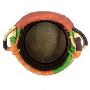Top view inside the Bolga pot basket with olive green with a black and natural check, an orange rim and a leather-wrapped handle