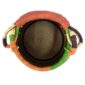 Top view inside the Bolga pot basket with olive green with a black and natural check, an orange rim and a leather-wrapped handle