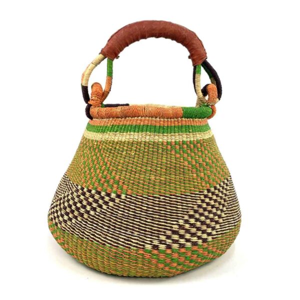 pot-basket-311-twinpeaks-olive-green-bolga-african-bashiri-3 Front view of the Bolga pot basket with olive green with a black and natural check, an orange rim and a leather-wrapped handle on a white background