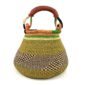 Front view of the Bolga pot basket with olive green with a black and natural check, an orange rim and a leather-wrapped handle on a white background