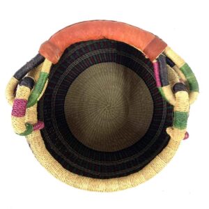Top view inside the Bolga pot basket with fine maroon, black and natural stripes and a leather-wrapped handle