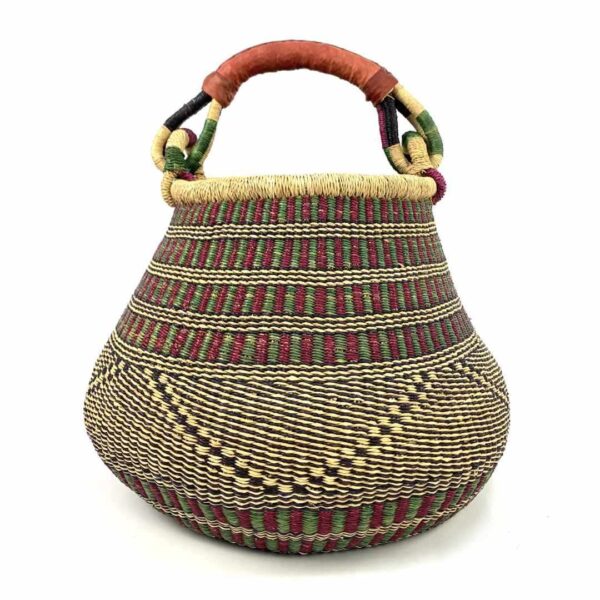 pot-basket-312-partner-maroon-black-bolga-woven-bashiri-3 Front view of the Bolga pot basket with fine maroon, black and natural stripes and a leather-wrapped handle on a white background