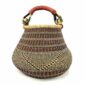 Front view of the Bolga pot basket with fine maroon, black and natural stripes and a leather-wrapped handle on a white background