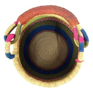 Top view inside the Bolga pot basket with pink, blue, olive and coral bands and a leather-wrapped handle