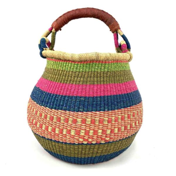 pot-basket-313-amongus-pink-blue-bolga-african-bashiri-3 Front view of the Bolga pot basket with pink, blue, olive and coral bands and a leather-wrapped handle on a white background