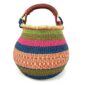 Front view of the Bolga pot basket with pink, blue, olive and coral bands and a leather-wrapped handle on a white background