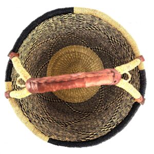 Top-down view of a spacious round Bolga basket bag showing woven pattern and wide opening