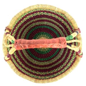 Top-down view of a spacious round Bolga basket bag showing woven pattern and wide opening