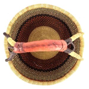Top-down view of a spacious round Bolga basket bag showing woven pattern and wide opening