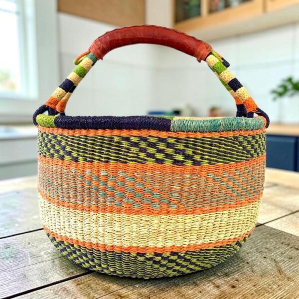 XL Bolga basket with natural fibre weave and stitched leather handles