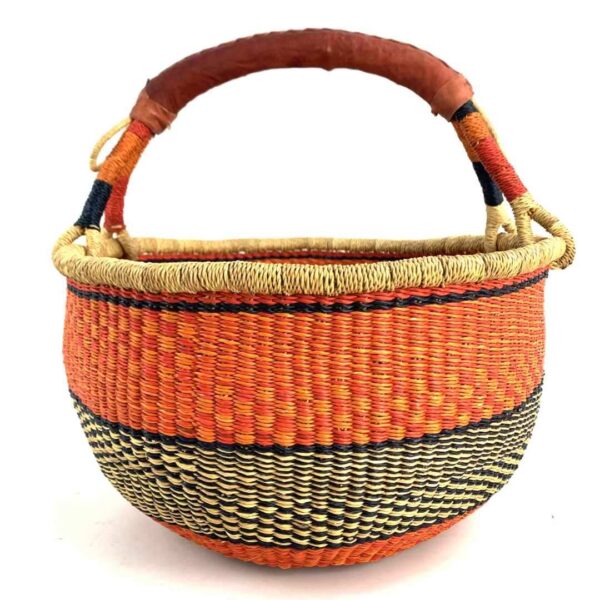 round-basket-xl-563-collosus-orange-black-bolga-woven-bashiri-3 Front view of the orange and black xl round bolga basket on a white background
