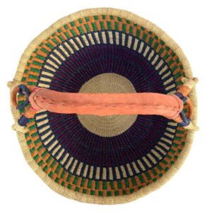 Top-down view inside the orange and navy xl round bolga basket, showing the coiled base