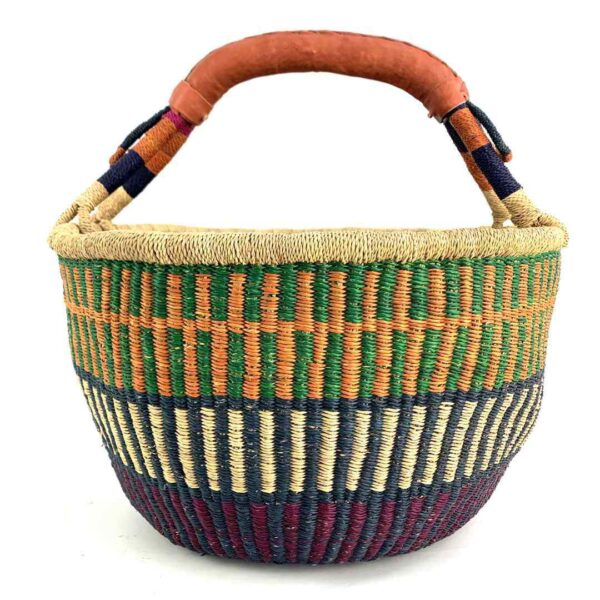 round-basket-xl-564-optimus-orange-navy-bolga-african-basket-bashiri-3 Front view of the orange and navy xl round bolga basket on a white background