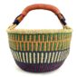 Front view of the orange and navy xl round bolga basket on a white background