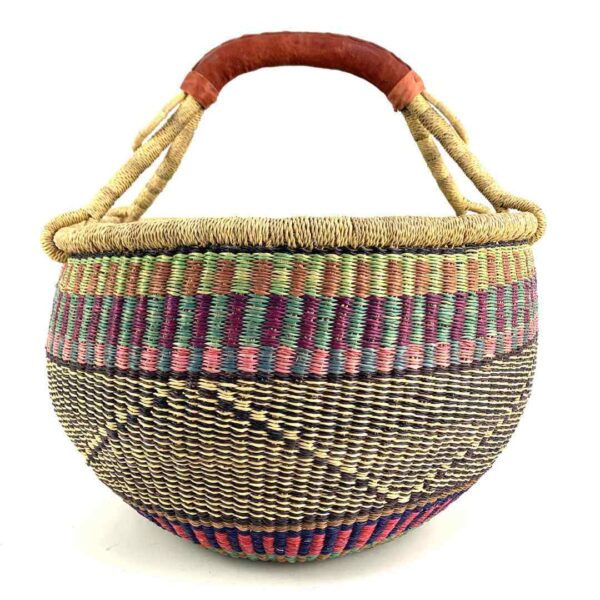 round-basket-xl-565-hefty-purple-teal-woven-bolga-bashiri-3 Front view of the purple and teal xl round bolga basket on a white background