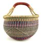 Front view of the purple and teal xl round bolga basket on a white background