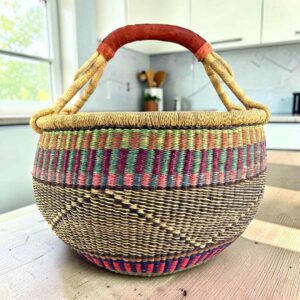 XL round Bolga basket in purple and teal, handwoven from elephant grass