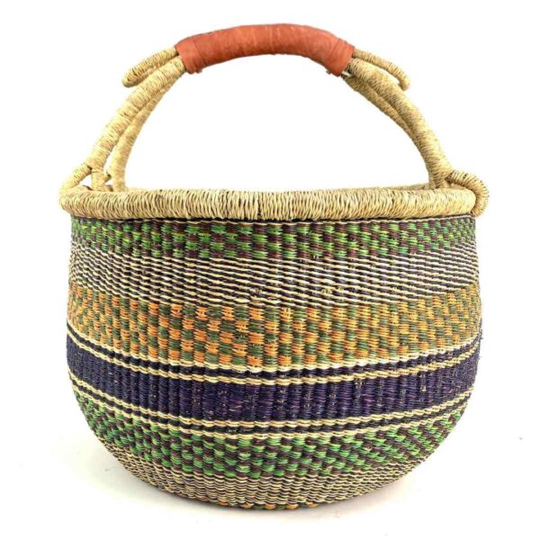 round-basket-xl-566-gigantor-green-mustard-bolga-handwoven-bashiri-3 Front view of the green and mustard xl round bolga basket on a white background