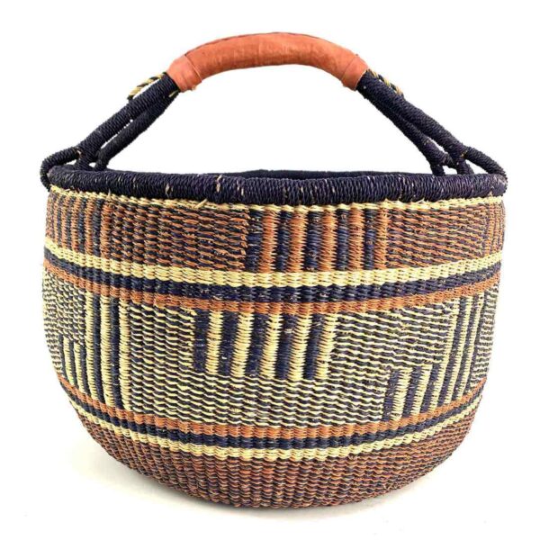 round-basket-xl-567-portly-brown-navy-bolga-woven-bashiri-3 Front view of the brown and navy xxl round bolga basket on a white background