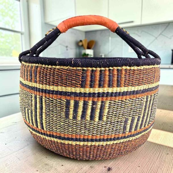 XXL round Bolga basket in brown and navy, handwoven from elephant grass