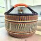 XXL round Bolga basket in brown and navy, handwoven from elephant grass