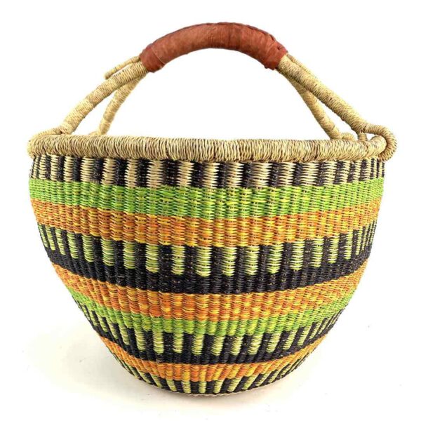 round-basket-xl-568-wyde-lime-orange-bolga-african-basket-bashiri-3 Front view of the lime and orange xxl round bolga basket on a white background