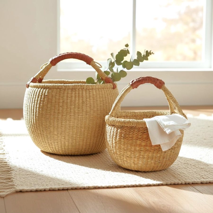 Small and large round bolga baskets in natural straw with leather-wrapped handles, styled on a rug with eucalyptus and linen