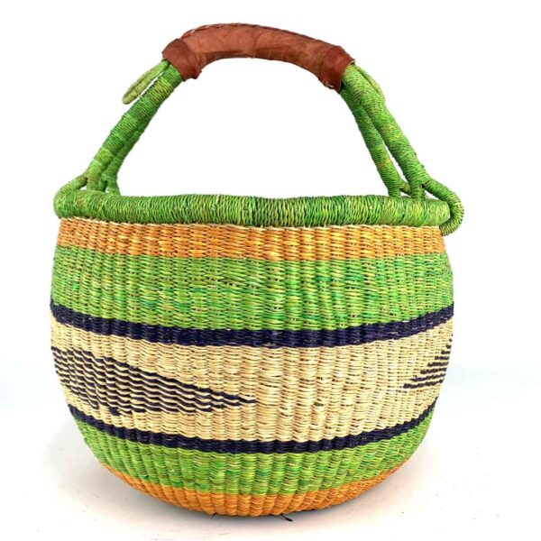 round-large-basket-845-cocoa-woven-2 Angled view of the large round Bolga basket, cocoa