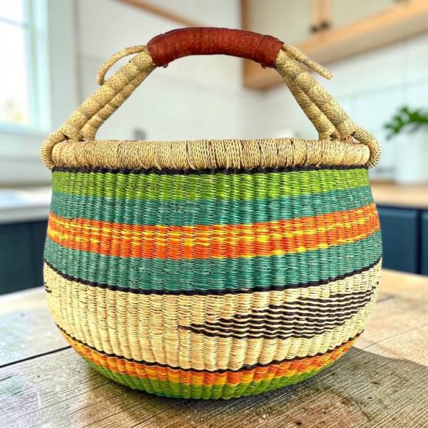 round-large-basket-849-treetop-bolga-main Large round Bolga basket with a diamond motif through the weave, leather handles