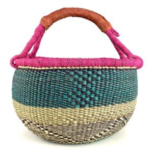 Angled view of the large round Bolga basket, rainforrest