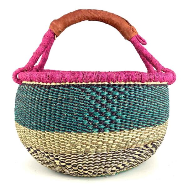 round-large-basket-850-rainforrest-woven-2 Angled view of the large round Bolga basket, rainforrest