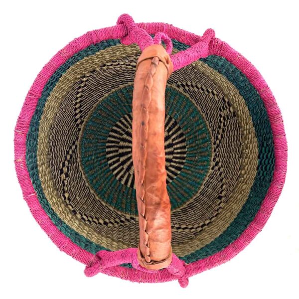 round-large-basket-850-rainforrest-woven-3 Front view of the large round Bolga basket, rainforrest