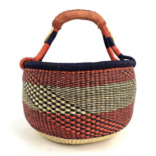 round-large-basket-859-flourish-red-navy-bolga-african-bashiri-3 Front view of the large round Bolga basket with deep red and inky diagonal sections, on a white background