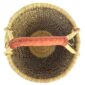 Top-down view inside the large round Bolga basket with natural straw and deep inky fine checks, showing the coiled base and leather handle