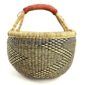 Front view of the large round Bolga basket with natural straw and deep inky fine checks, on a white background