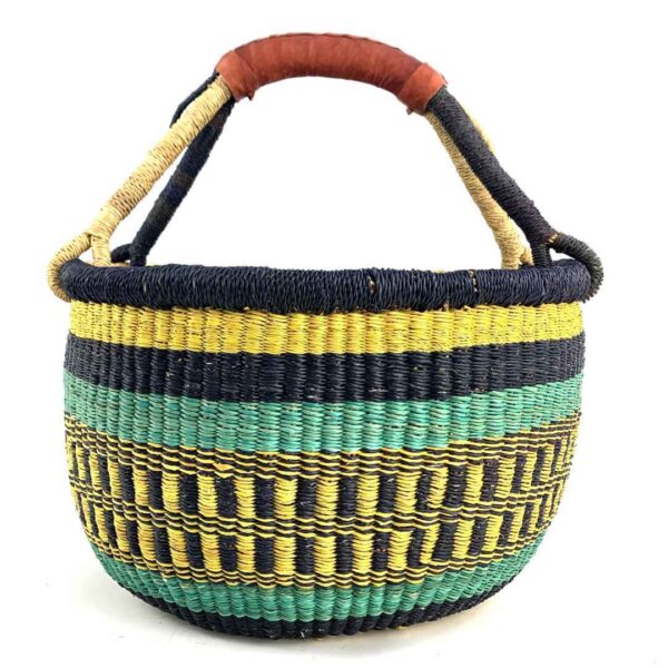 round-large-basket-861-serenity-navy-yellow-teal-bolga-woven-bashiri-3 Front view of the large round Bolga basket with bold sunny, sea-green and deep inky bands, on a white background